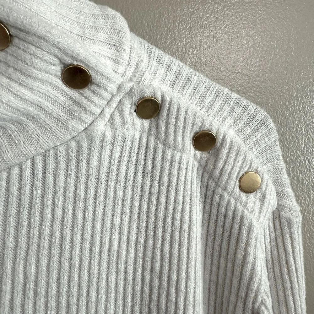 J.Crew ivory ribbed‎ mock neck sweater gold button shoulder accent Women’s L